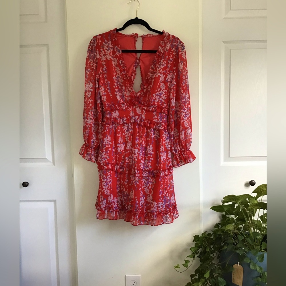 Red floral wedding guest dress - long sleeve - small